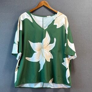 Emery Rose Women's XL Green‎ Floral Print V Neck Short Sleeve Top